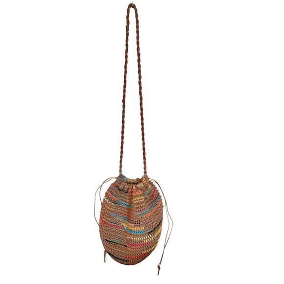 Woven Multicolor Leather Bucket Bag With Drawstring Closure - Picture 6 of 9